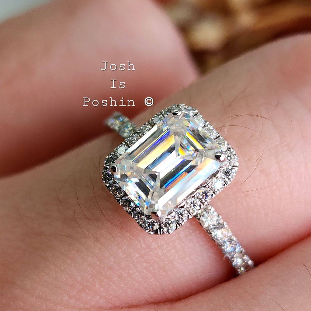 2.45Ctw Moissanite emerald shape engagement ring in rhodium over sterling silver